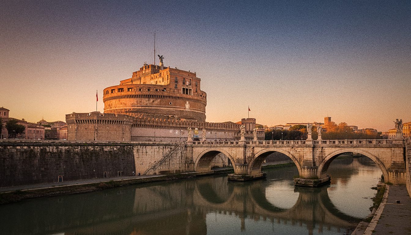 De Engelenburcht in Rome gezien vanaf de Tiber met de engelenbrug op de voorgrond